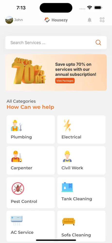 Main dashboard showing available service quotas and subscription status